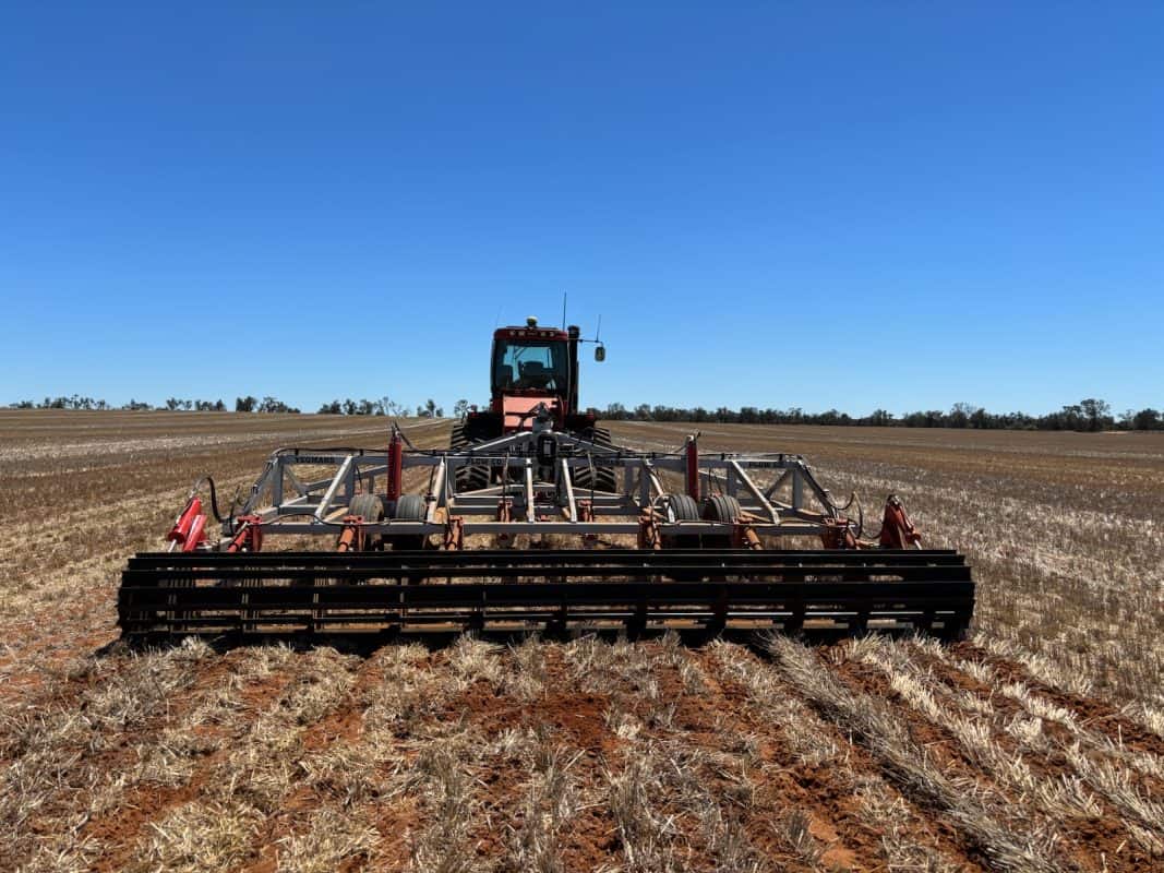 Yeomans plow behind high HP tracked tractor - hydraulic stump jump shanks , hydraulic crumble roller