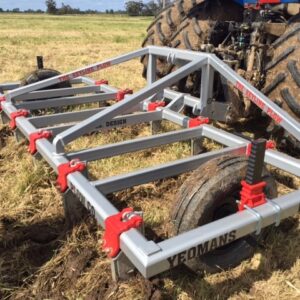 Yeomans l60 plow fitted with fixed shanks, manual depth wheels working in a grassy field