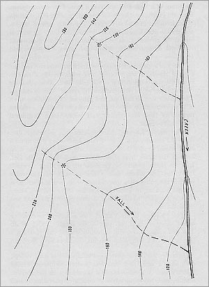 Contour map showing two primary valleys