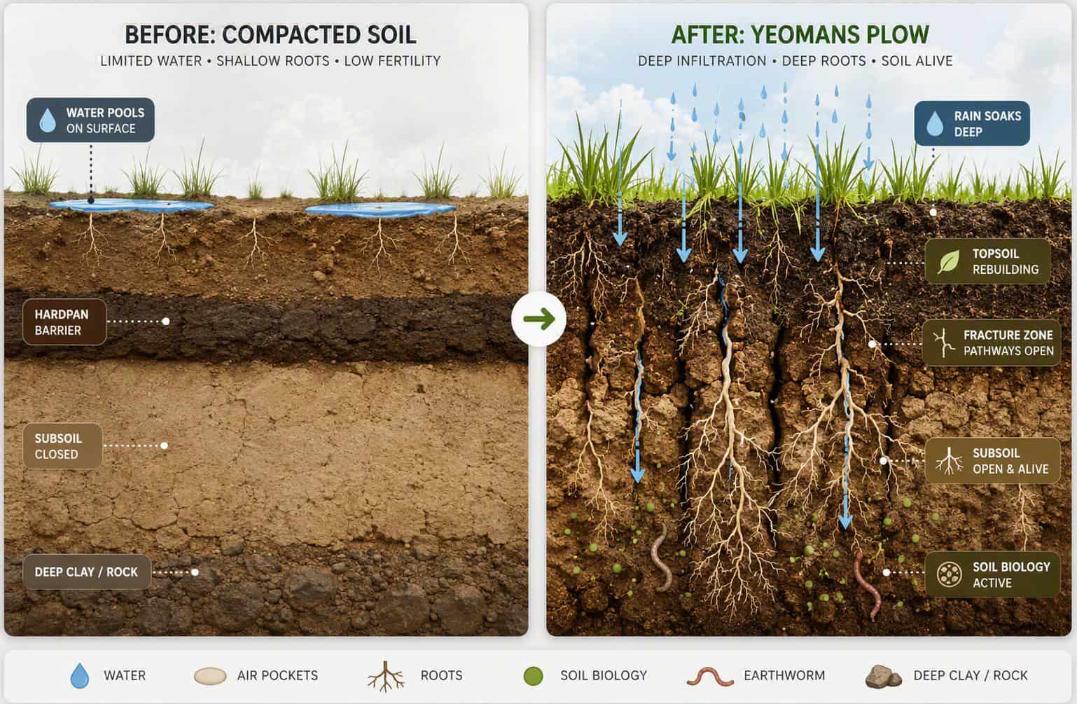 Before and after soil cross-section using a Yeomans plow